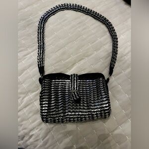 Handmade- Black and Silver Woven Crossbody Bag with Flap Closure